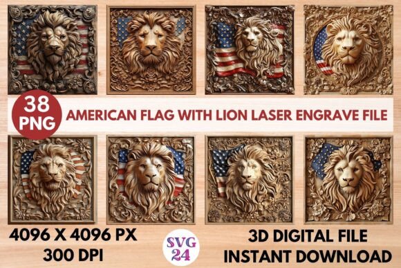 American Flag with Lion Laser Engrave Design for Creative Projects