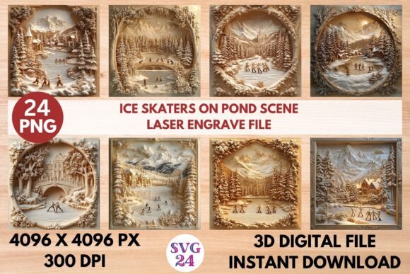 Ice Skaters on Pond Scene Laser Engrave