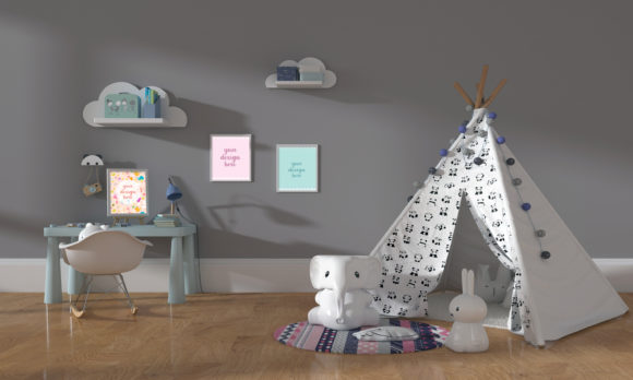 Kids Bedroom Wall Mockups with Tint and Empty Frames for Creative Presentation