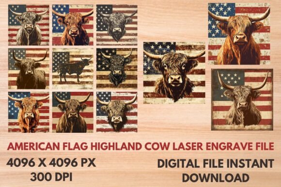 Usa Flag Highland Cow Laser Engrave File